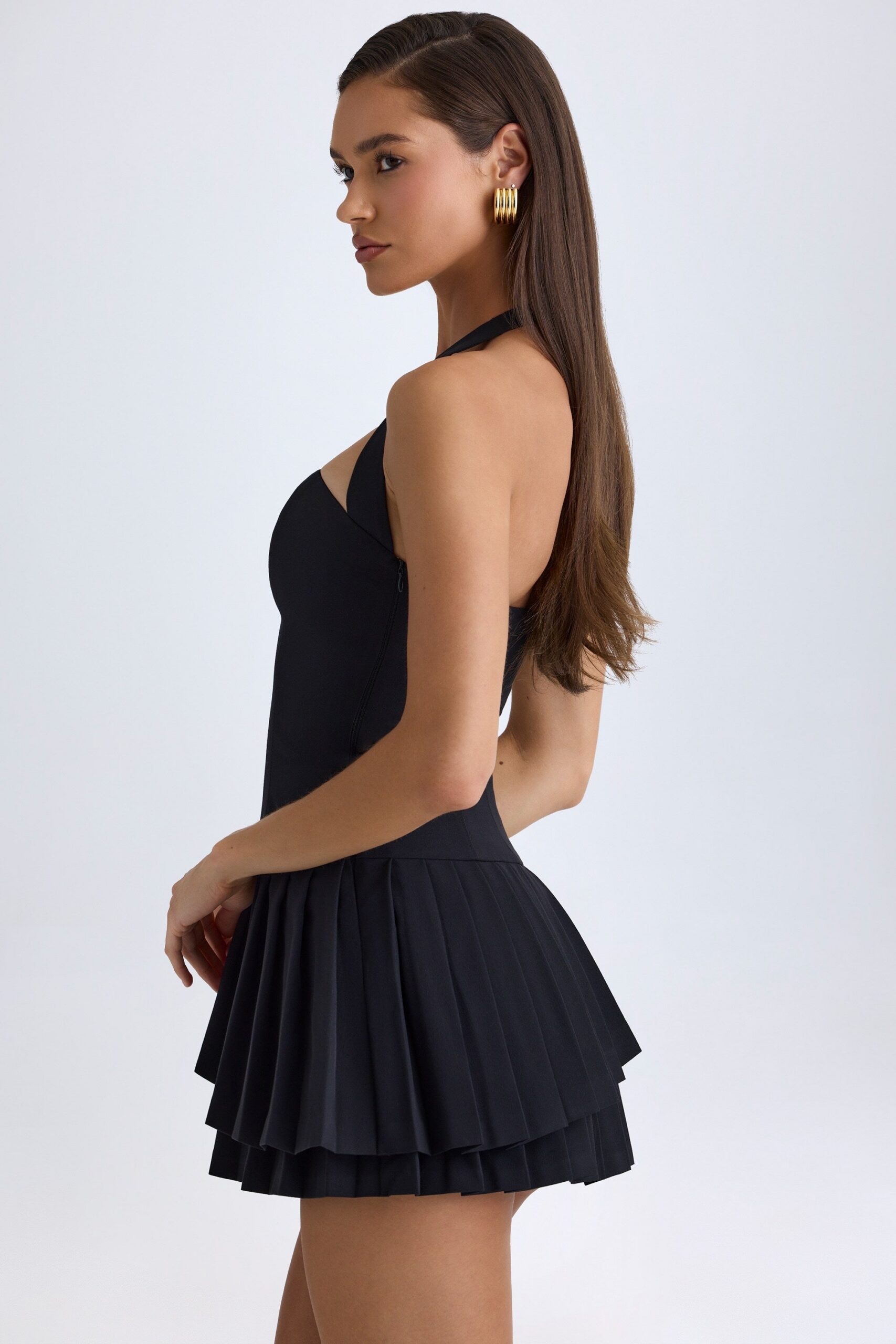 ASYMMETRIC LAYERED HALTER MINI DRESS, BLACK