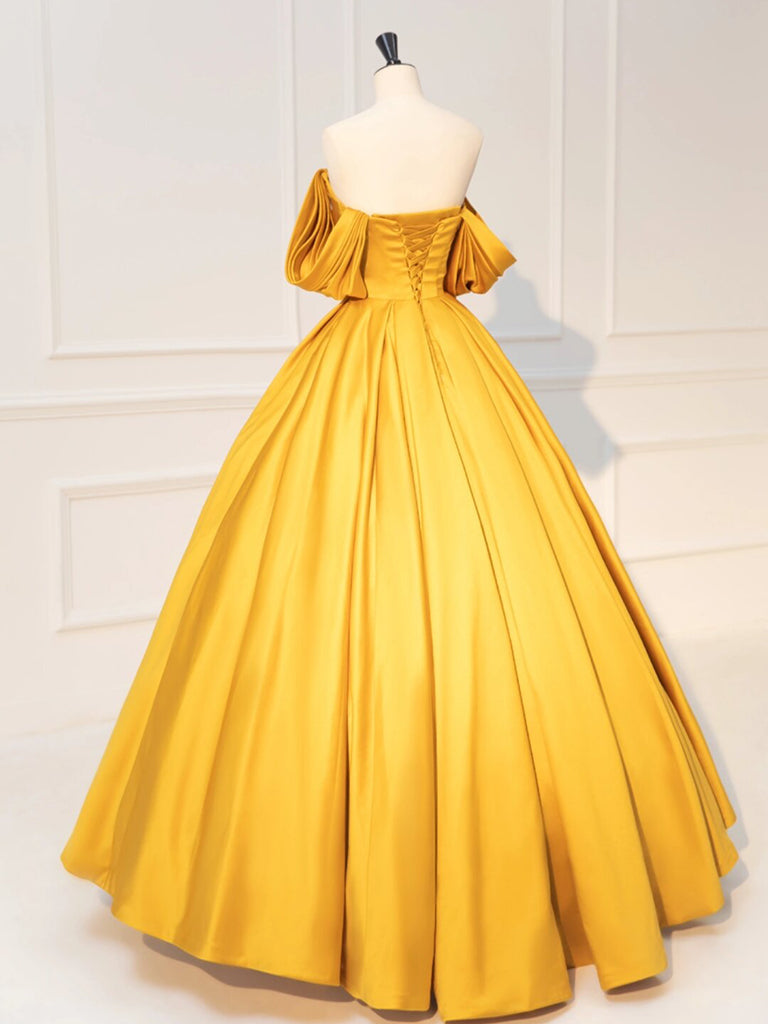 YELLOW OFF-SHOULDER SATIN PROM DRESS