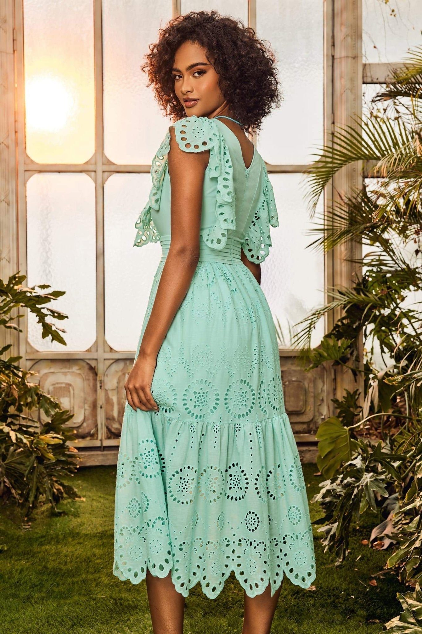 RUTH V-NECK RUFFLED MIDI DRESS FOR WEDDING GUEST