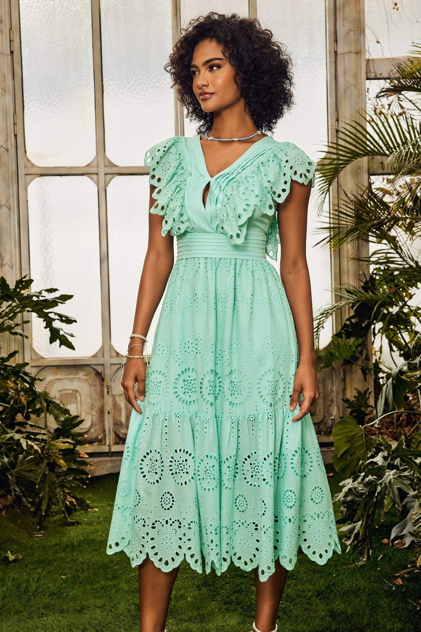 RUTH V-NECK RUFFLED MIDI DRESS FOR WEDDING GUEST