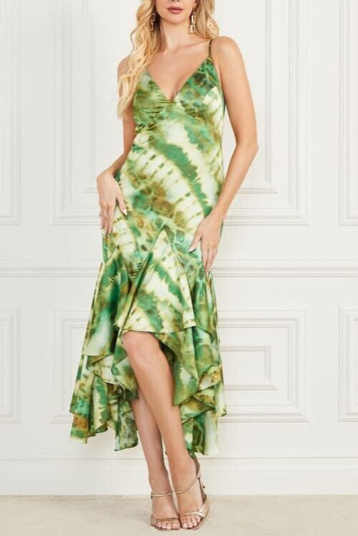 MARCIANO GREEN PRINTED SATIN MIDI DRESS