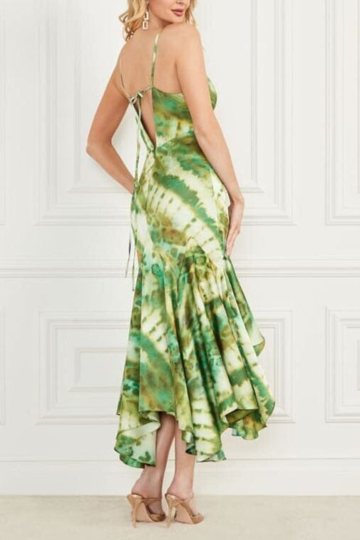 MARCIANO GREEN PRINTED SATIN MIDI DRESS