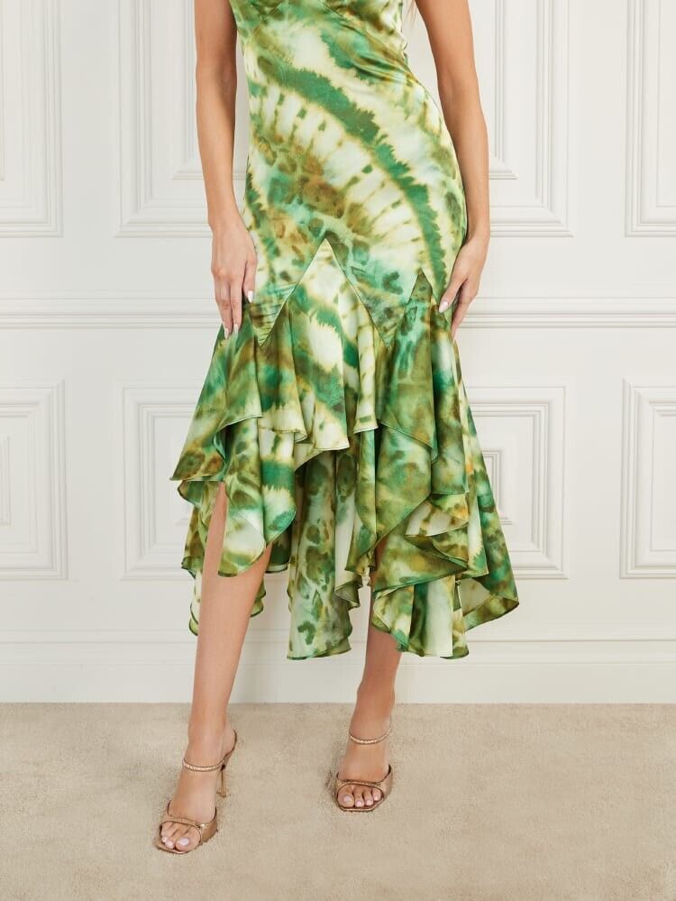 MARCIANO GREEN PRINTED SATIN MIDI DRESS