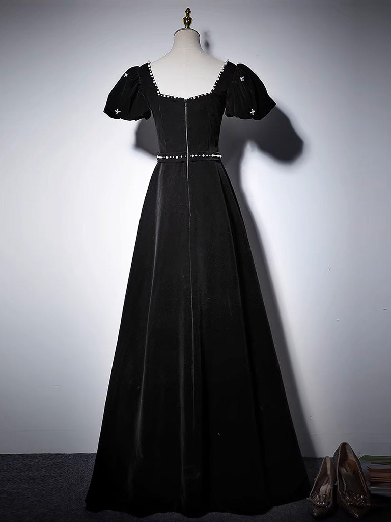 A-LINE VELVET BLACK DRESS FOR EVENING PARTY