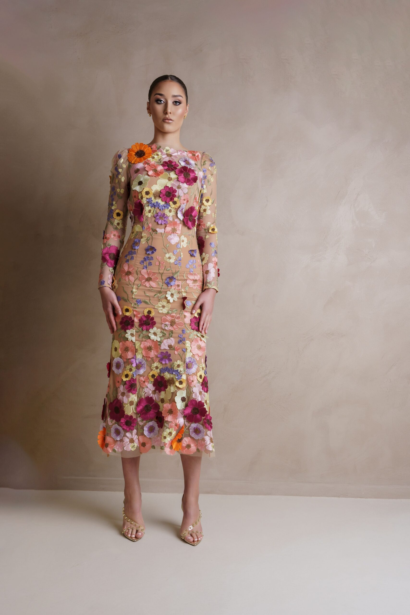 SHANNON 3D FLORAL MIDI DRESS FOR WEDDING GUEST