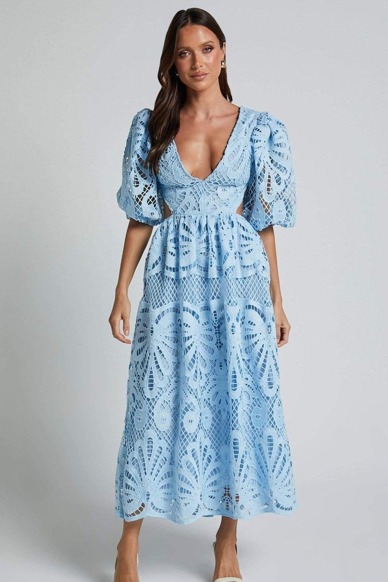 ELEGANT LACE CUT-OUT MIDI DRESS FOR WEDDING GUESTS