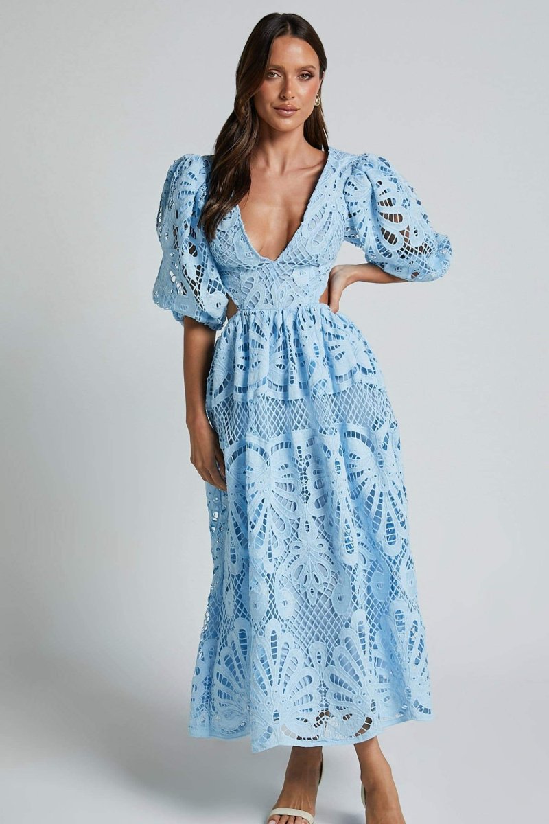 ELEGANT LACE CUT-OUT MIDI DRESS FOR WEDDING GUESTS
