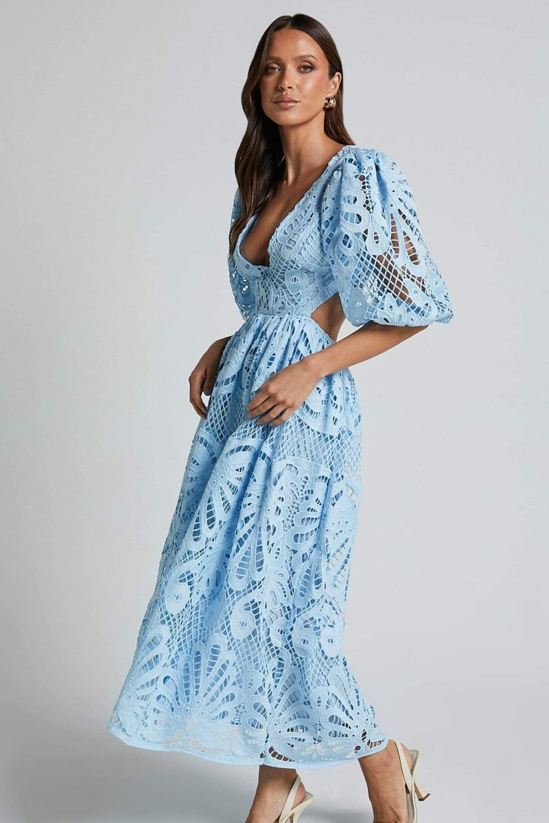 ELEGANT LACE CUT-OUT MIDI DRESS FOR WEDDING GUESTS