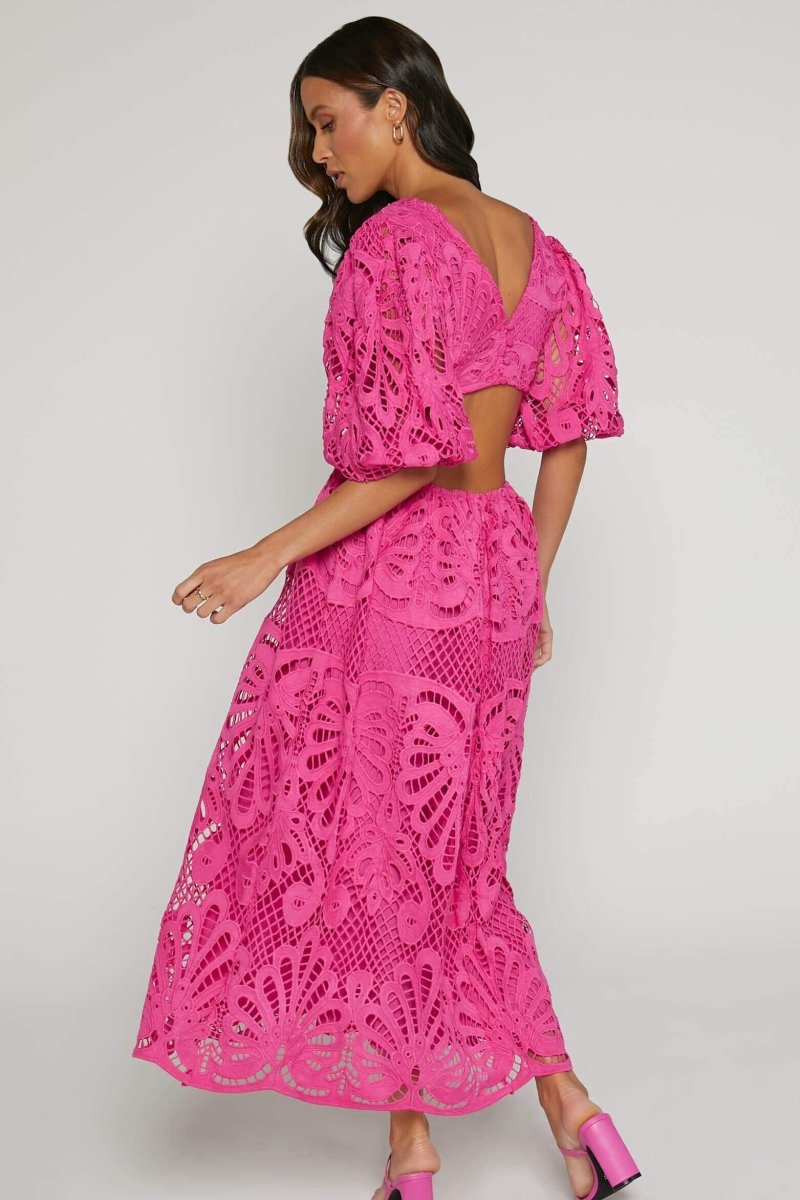 ELEGANT LACE CUT-OUT MIDI DRESS FOR WEDDING GUESTS