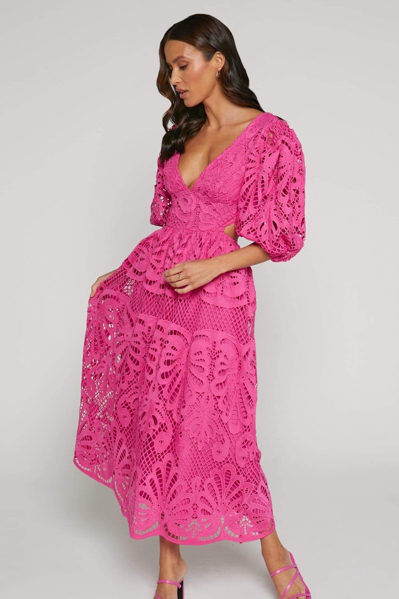 ELEGANT LACE CUT-OUT MIDI DRESS FOR WEDDING GUESTS