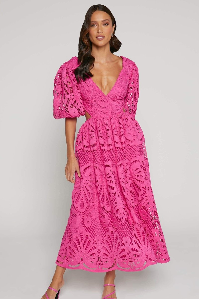 ELEGANT LACE CUT-OUT MIDI DRESS FOR WEDDING GUESTS