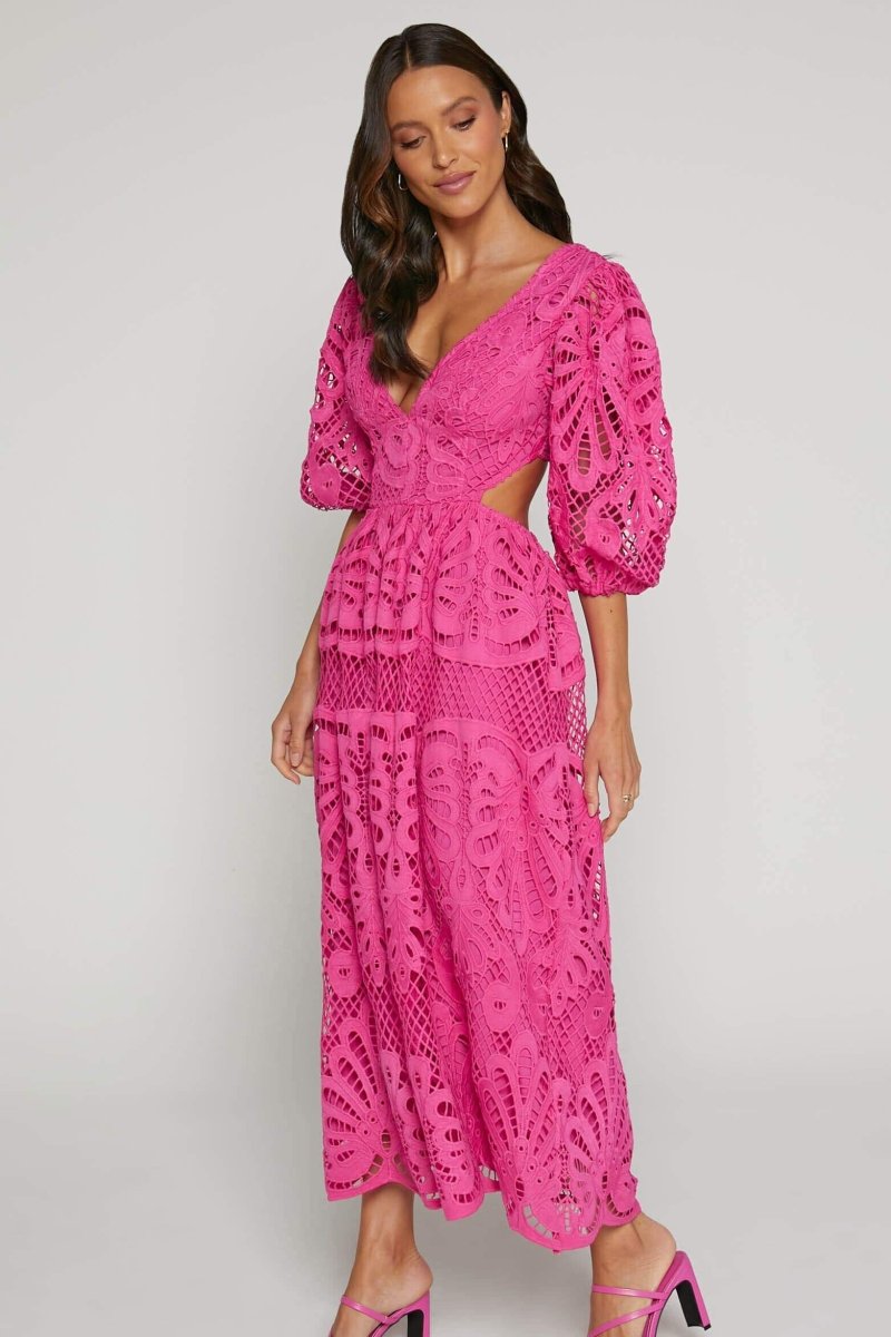 ELEGANT LACE CUT-OUT MIDI DRESS FOR WEDDING GUESTS