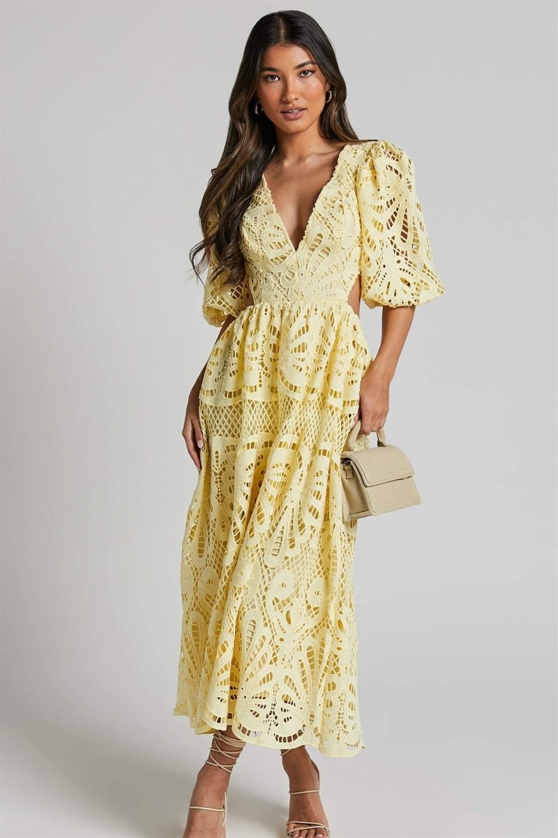 ELEGANT LACE CUT-OUT MIDI DRESS FOR WEDDING GUESTS
