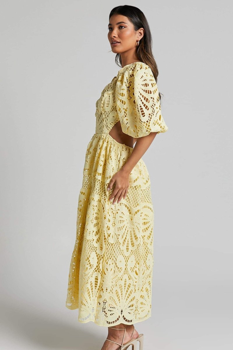 ELEGANT LACE CUT-OUT MIDI DRESS FOR WEDDING GUESTS