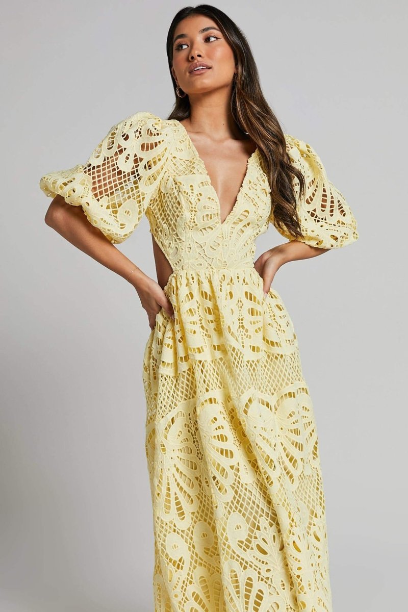 ELEGANT LACE CUT-OUT MIDI DRESS FOR WEDDING GUESTS