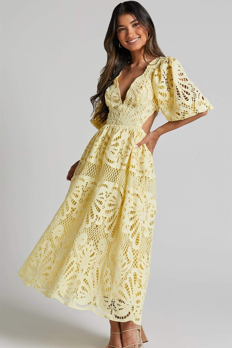 ELEGANT LACE CUT-OUT MIDI DRESS FOR WEDDING GUESTS