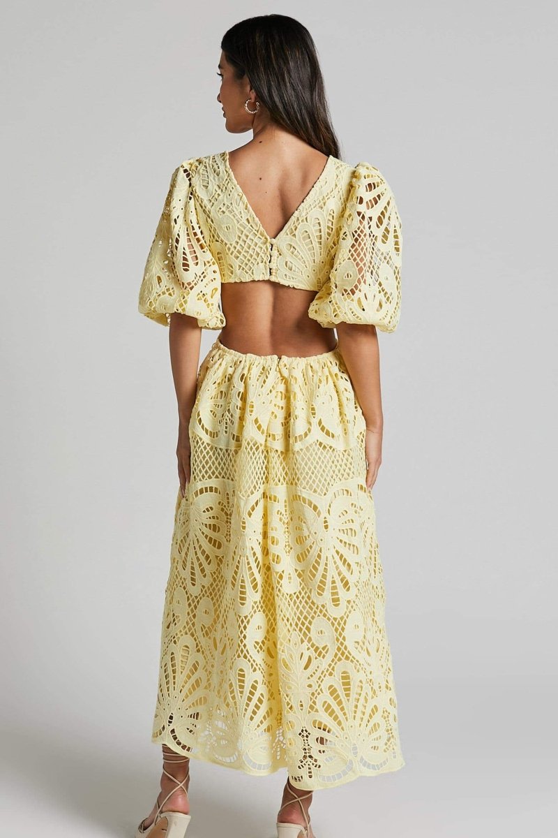 ELEGANT LACE CUT-OUT MIDI DRESS FOR WEDDING GUESTS