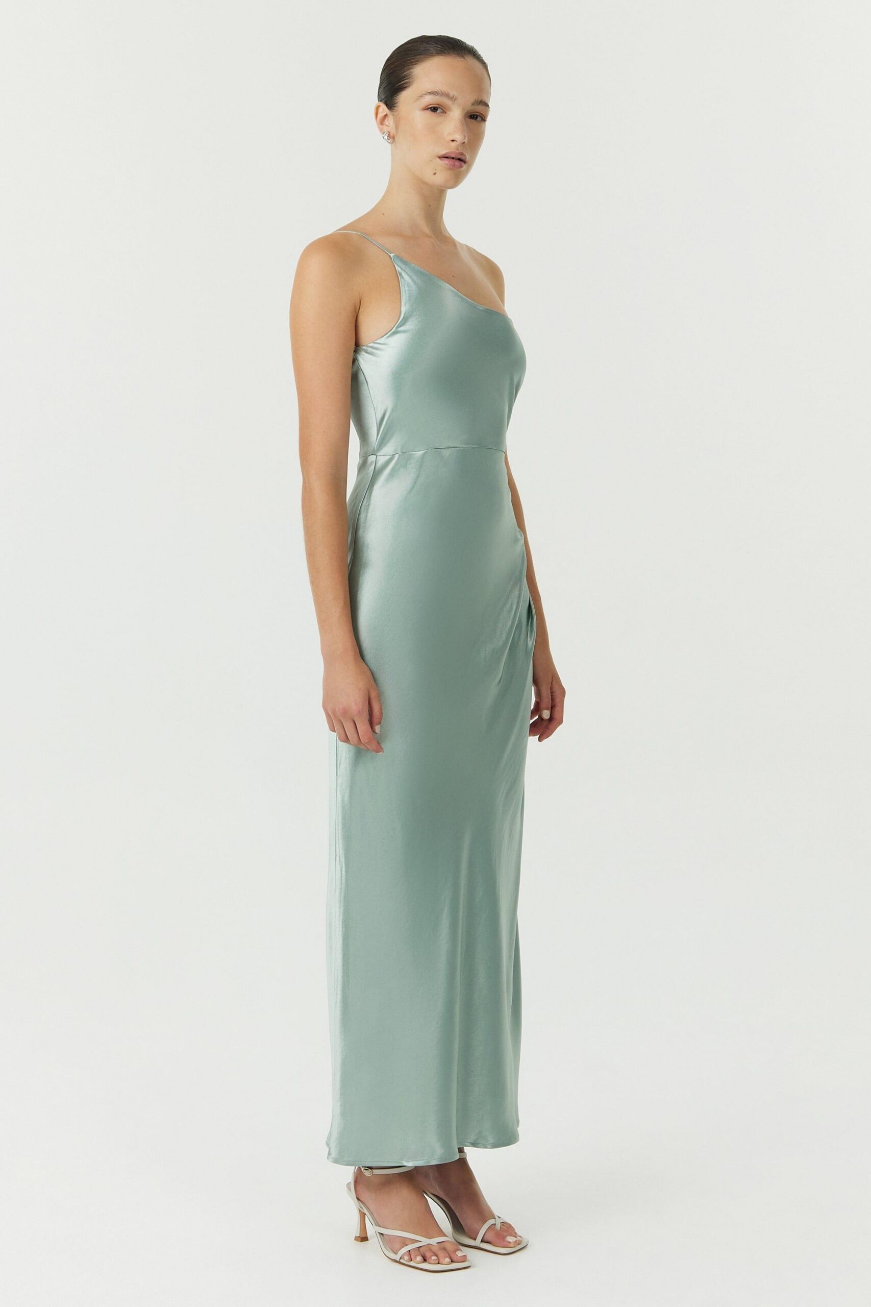 SATIN GATHER ONE SHOULDER WAVE DRESS