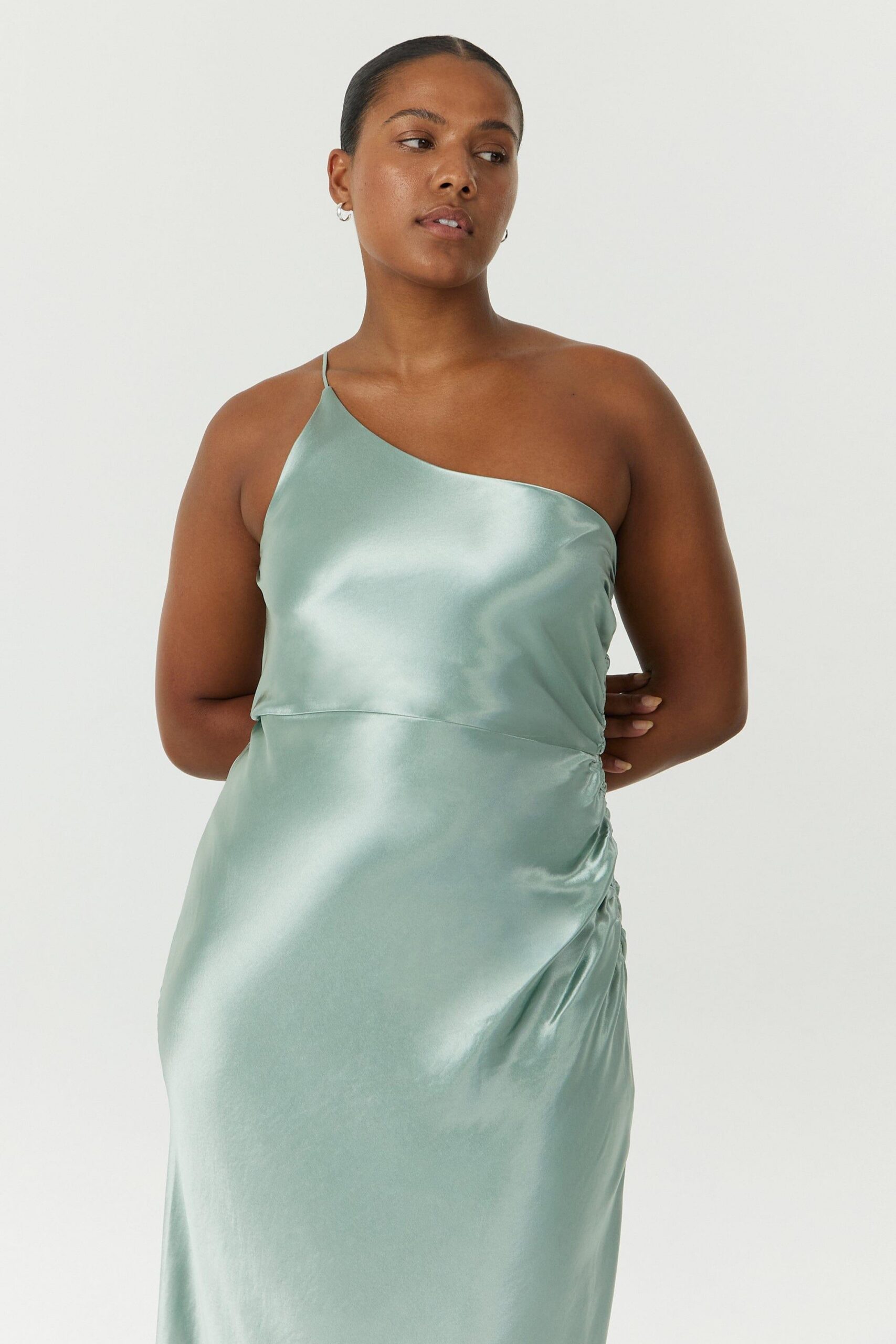 SATIN GATHER ONE SHOULDER WAVE DRESS