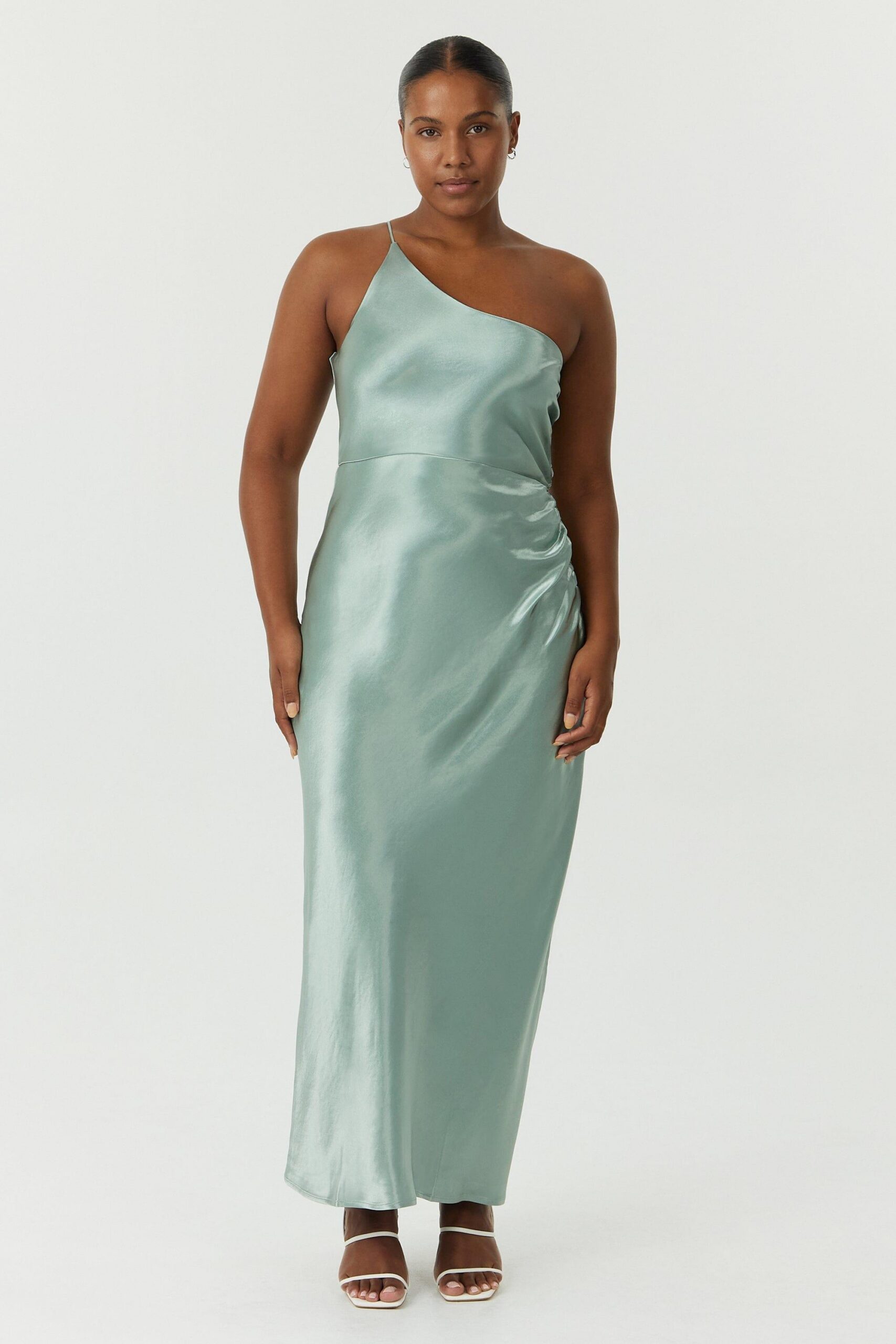 SATIN GATHER ONE SHOULDER WAVE DRESS