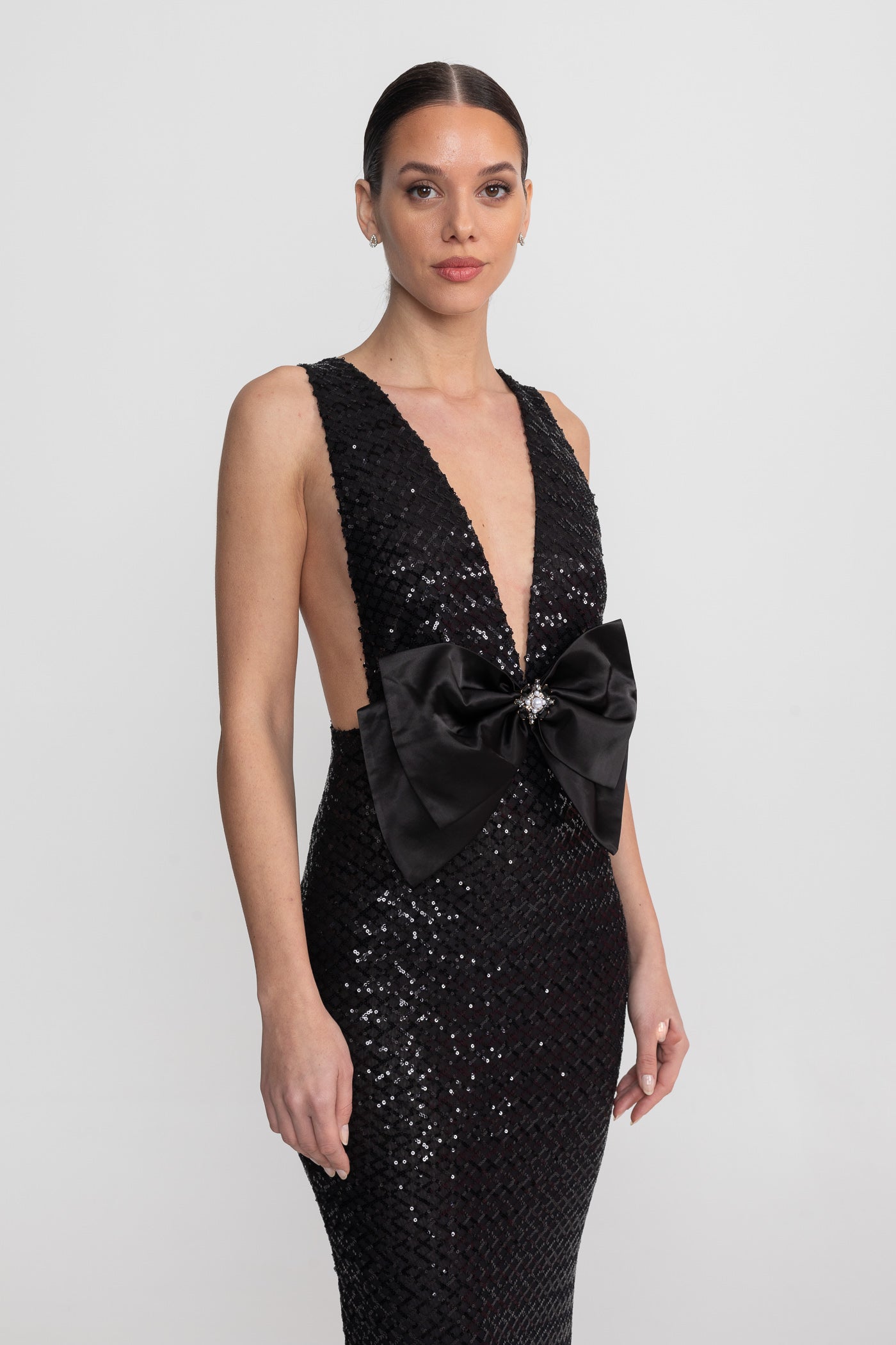 SATIN BOW SEQUIN MAXI DRESS, BLACK, FORMAL