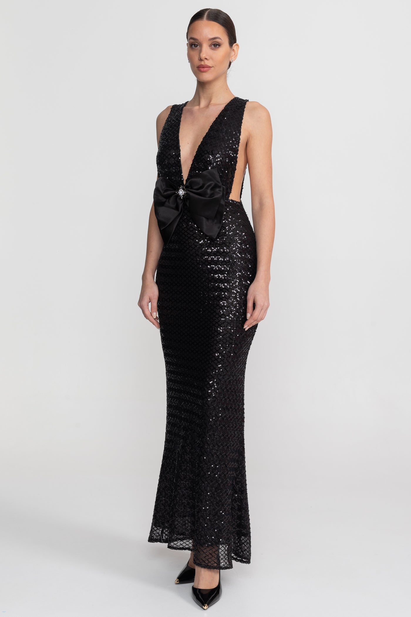 SATIN BOW SEQUIN MAXI DRESS, BLACK, FORMAL