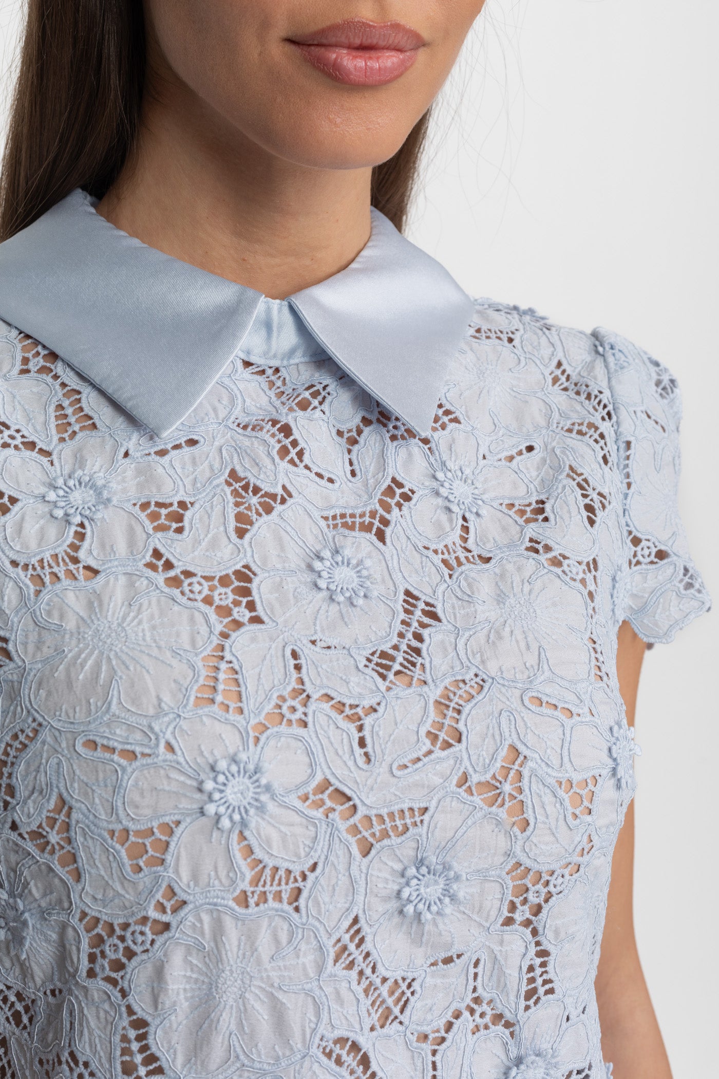 SYLVIA LIGHT BLUE LACE MINI DRESS, SATIN COLLAR, BOHO