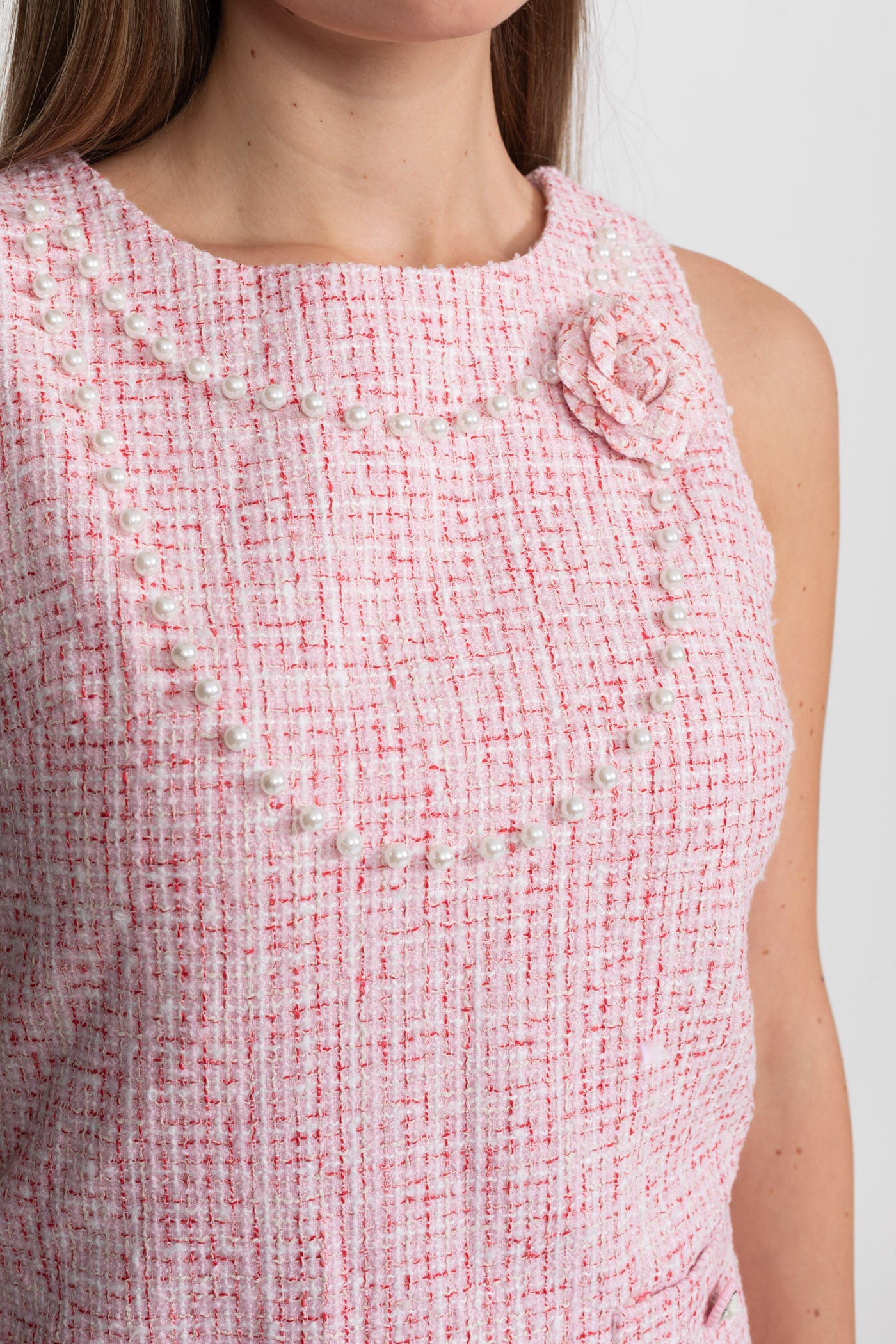 LAUREL PINK TWEED MINI DRESS, PEARL TRIM, SLEEVELESS COCKTAIL