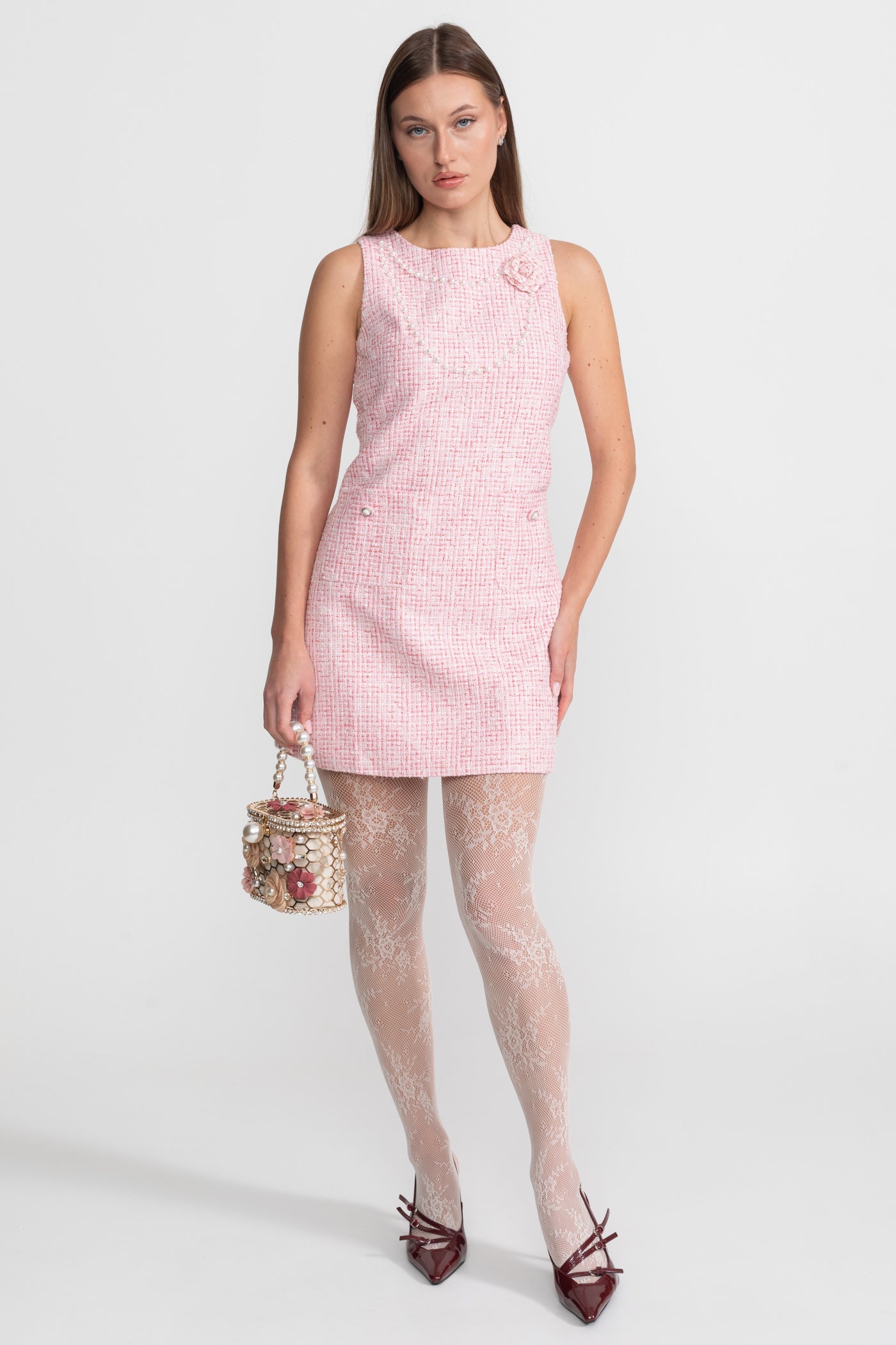 LAUREL PINK TWEED MINI DRESS, PEARL TRIM, SLEEVELESS COCKTAIL