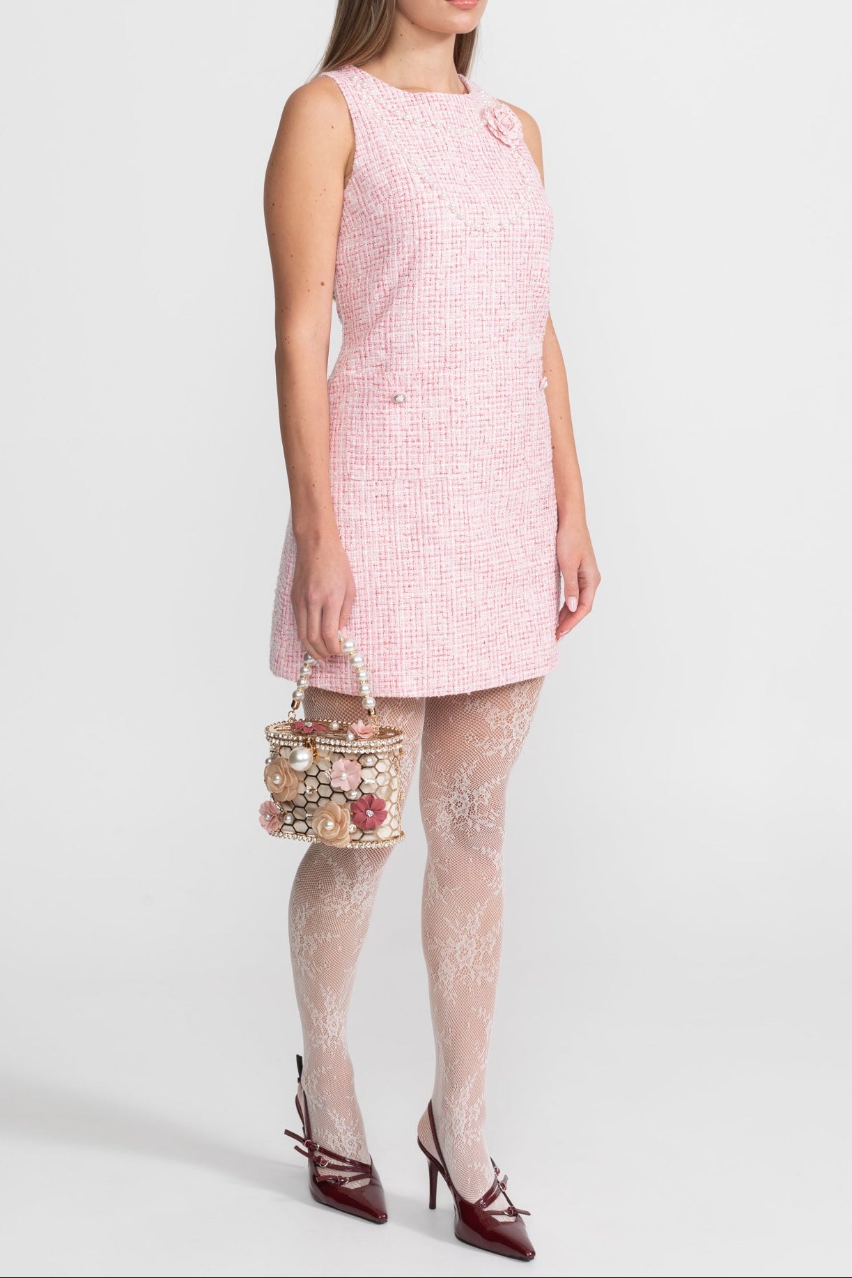 LAUREL PINK TWEED MINI DRESS, PEARL TRIM, SLEEVELESS COCKTAIL
