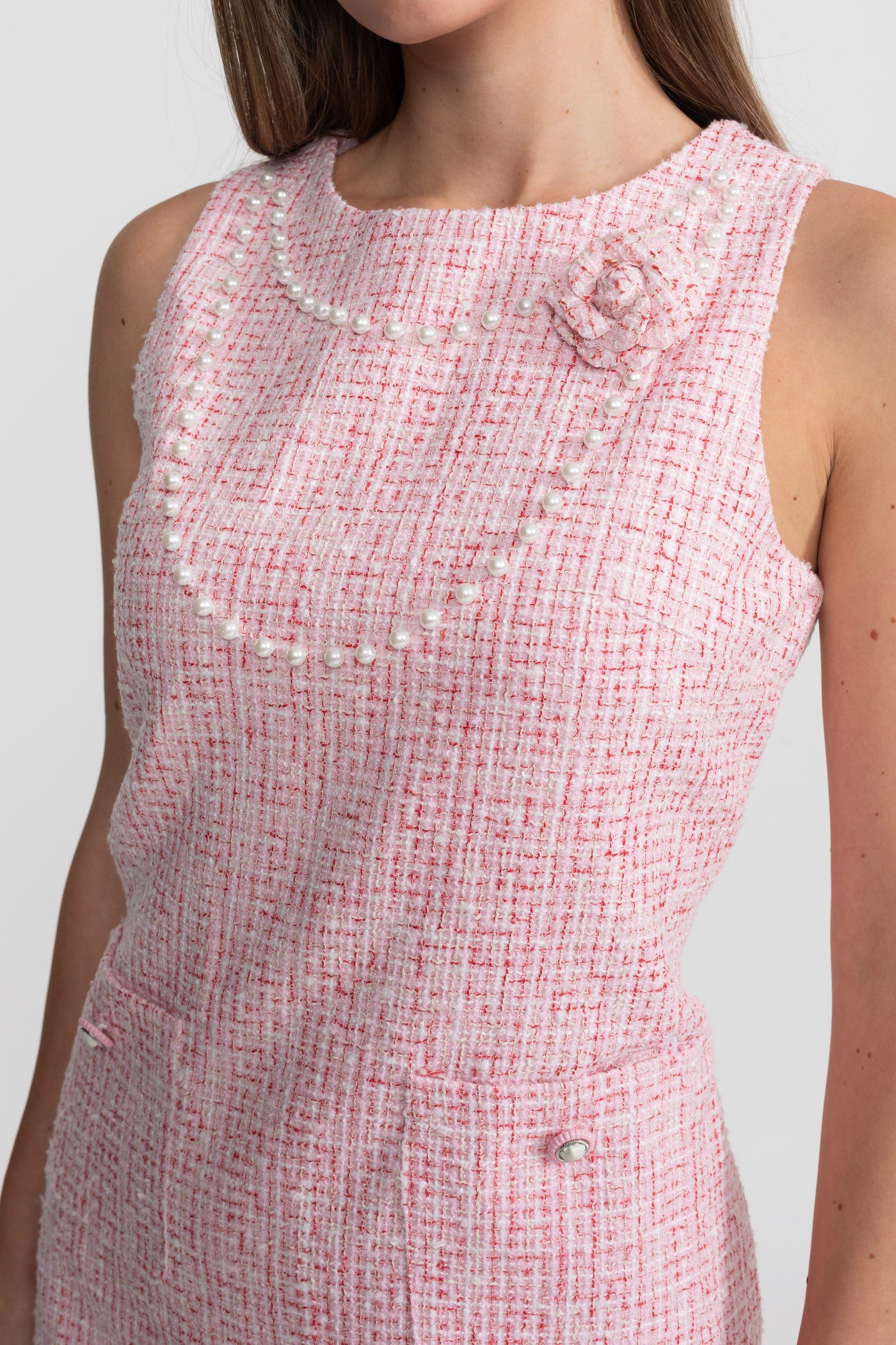 LAUREL PINK TWEED MINI DRESS, PEARL TRIM, SLEEVELESS COCKTAIL