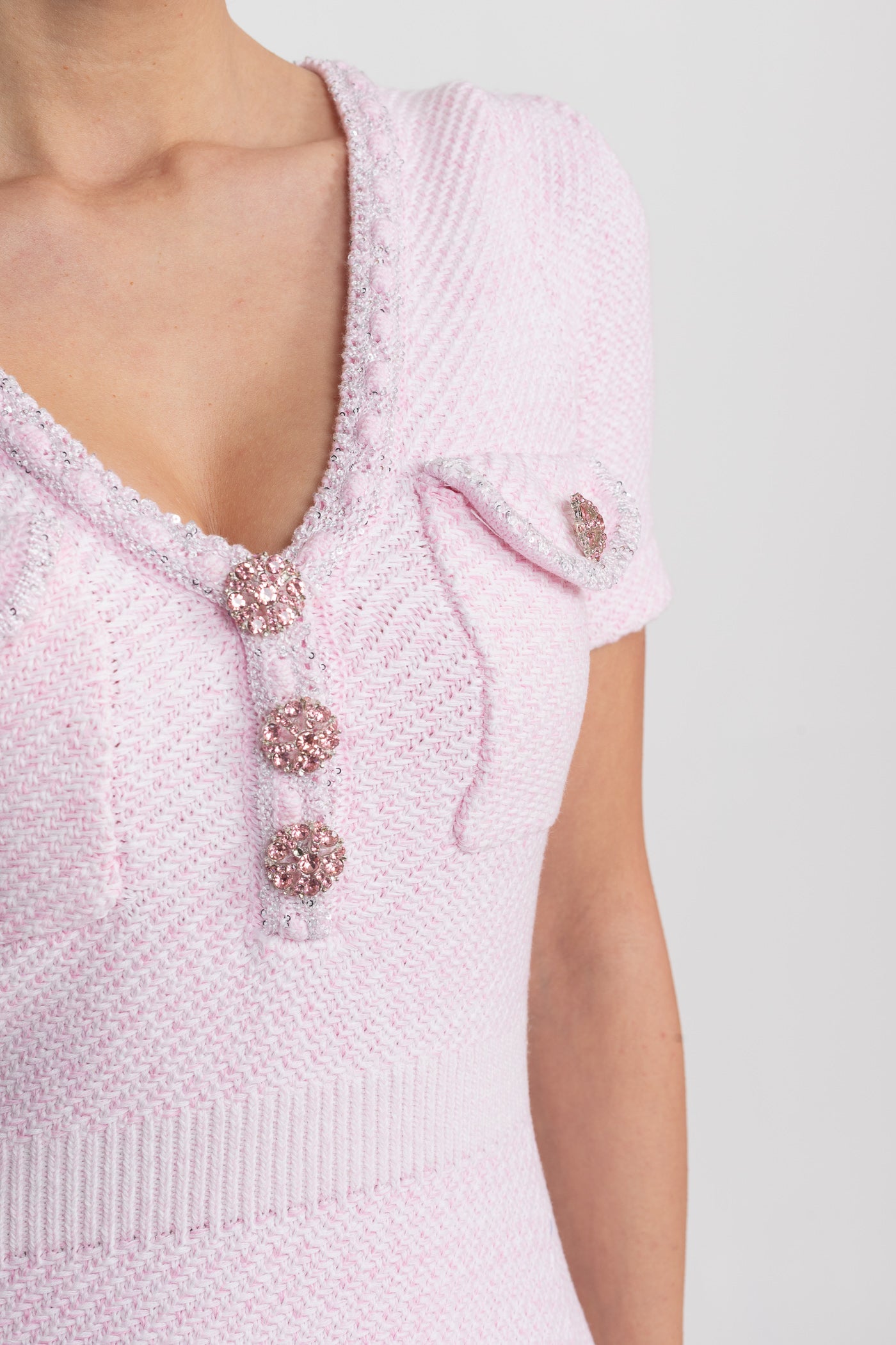 TEXTURED V-NECK MINI DRESS WITH JEWEL BUTTONS - PINK