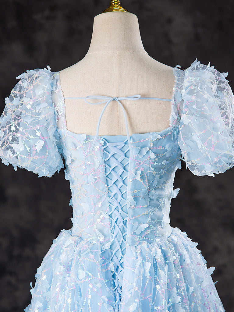 A-LINE TULLE SEQUIN LACE BLUE PROM DRESS