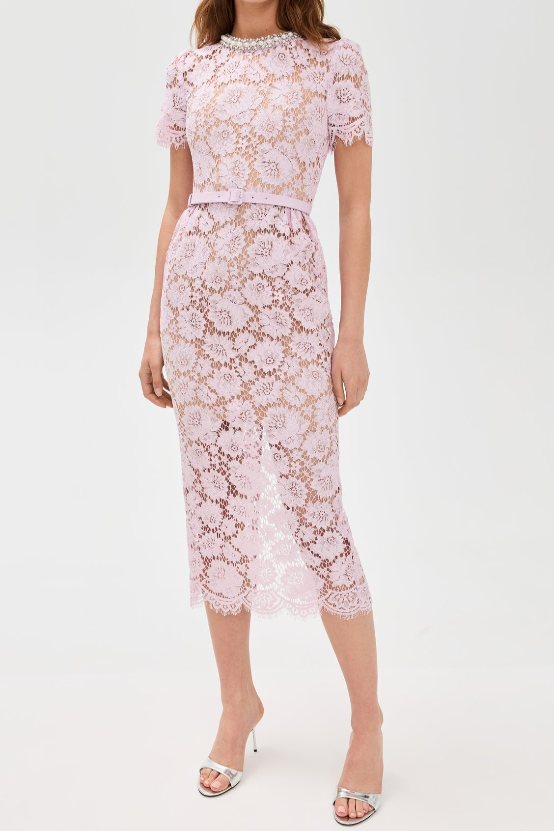 PINK PEARL LACE MIDI DRESS FOR WEDDING GUEST