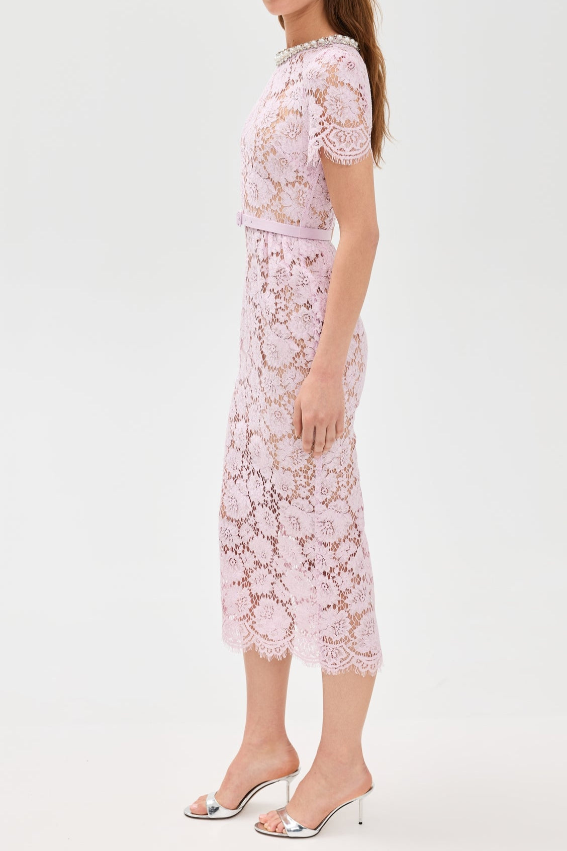 PINK PEARL LACE MIDI DRESS FOR WEDDING GUEST