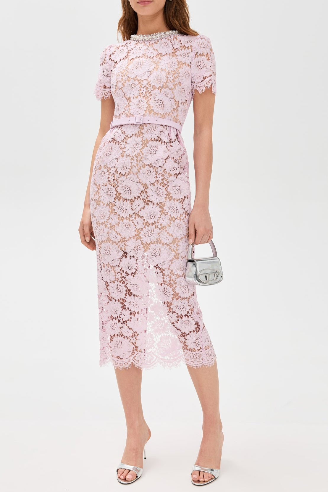 PINK PEARL LACE MIDI DRESS FOR WEDDING GUEST