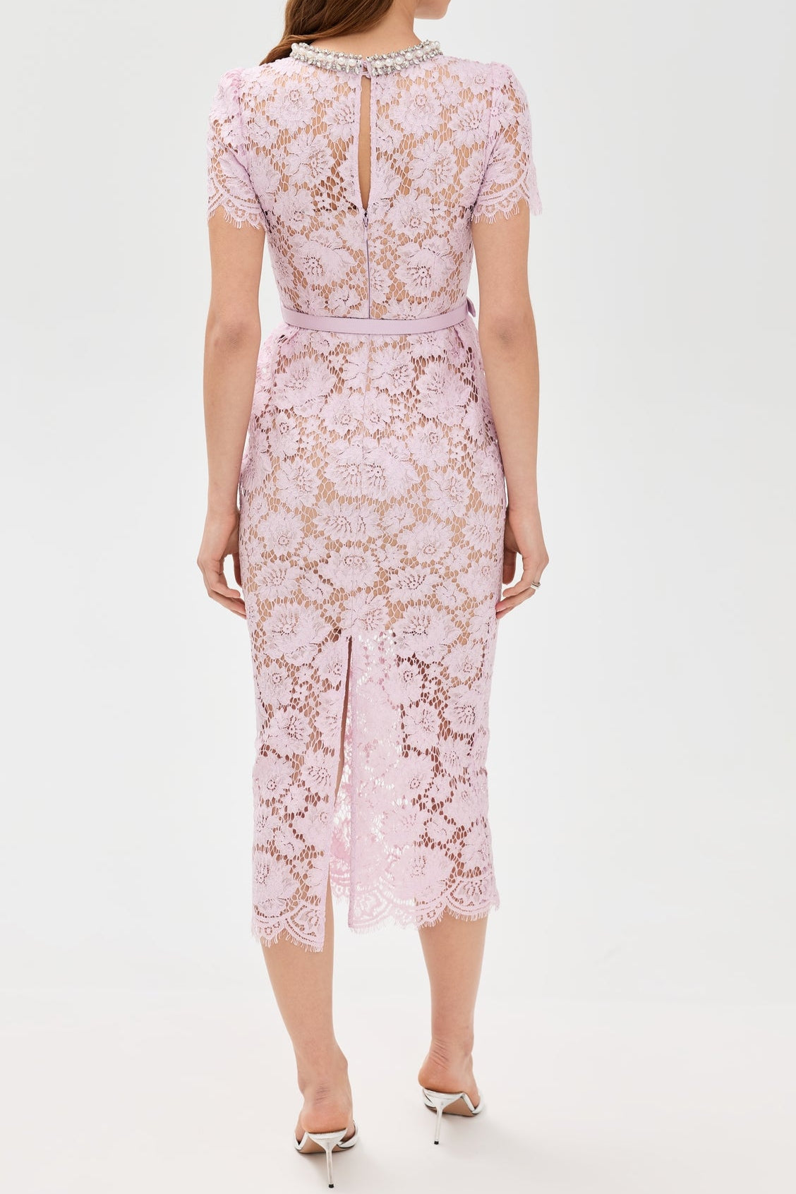 PINK PEARL LACE MIDI DRESS FOR WEDDING GUEST