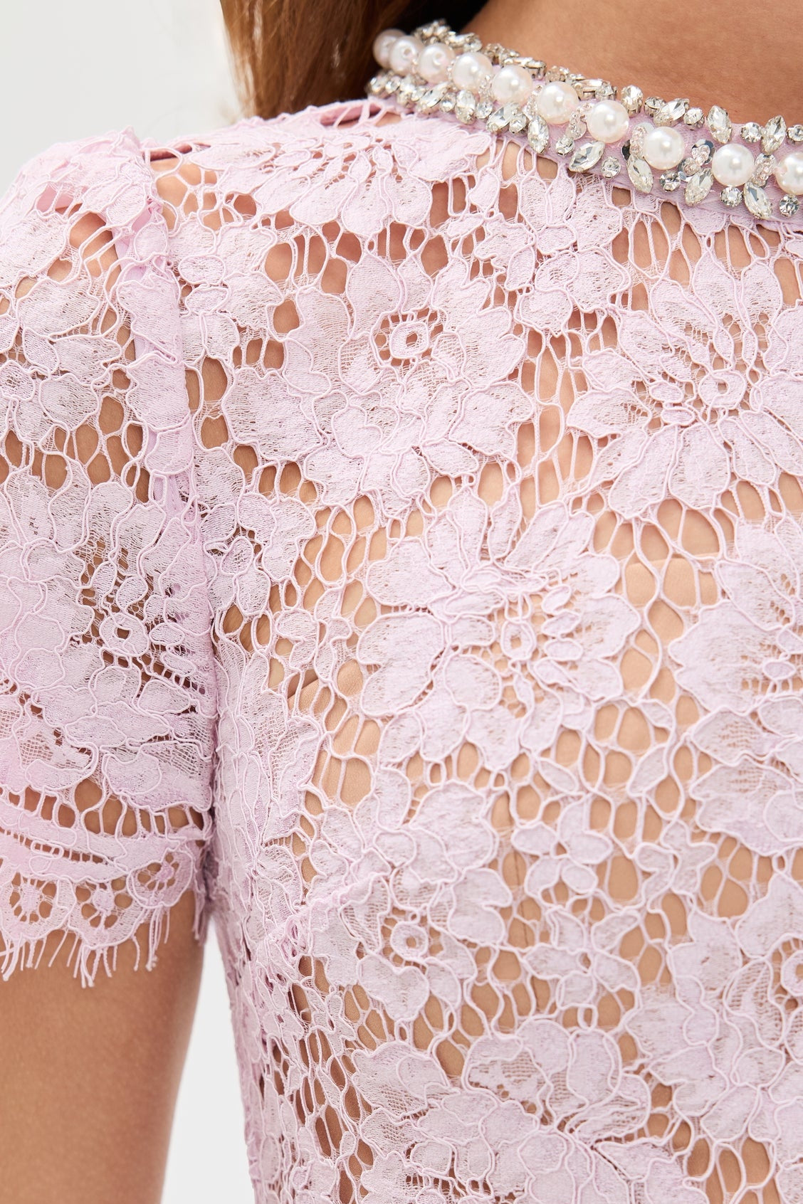 PINK PEARL LACE MIDI DRESS FOR WEDDING GUEST