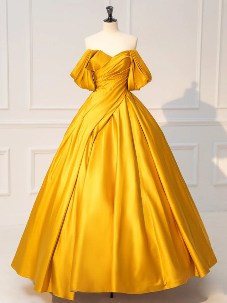sfasfs YELLOW OFF-SHOULDER SATIN PROM DRESS