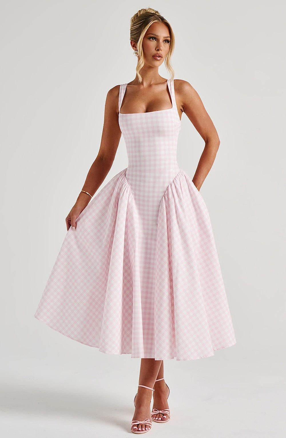 SHERRIE MIDI DRESS IN BLUSH GINGHAM