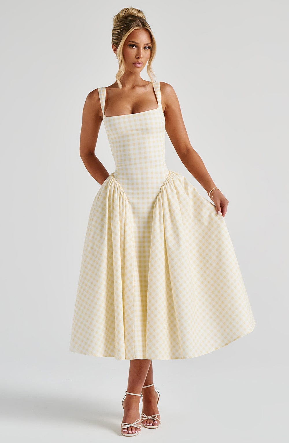 SHERRIE LEMON GINGHAM MIDI DRESS FOR WEDDING GUEST