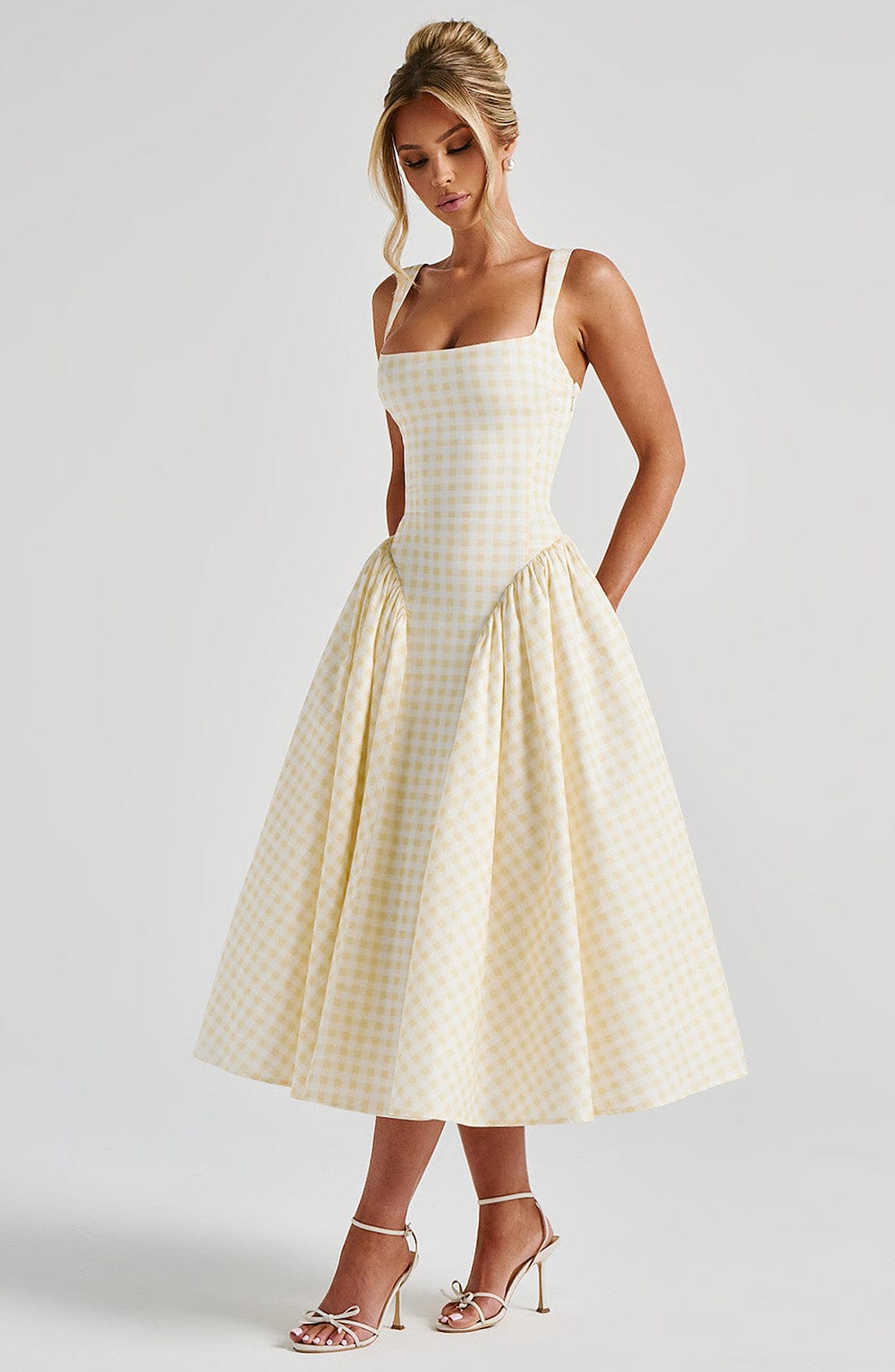 SHERRIE LEMON GINGHAM MIDI DRESS FOR WEDDING GUEST