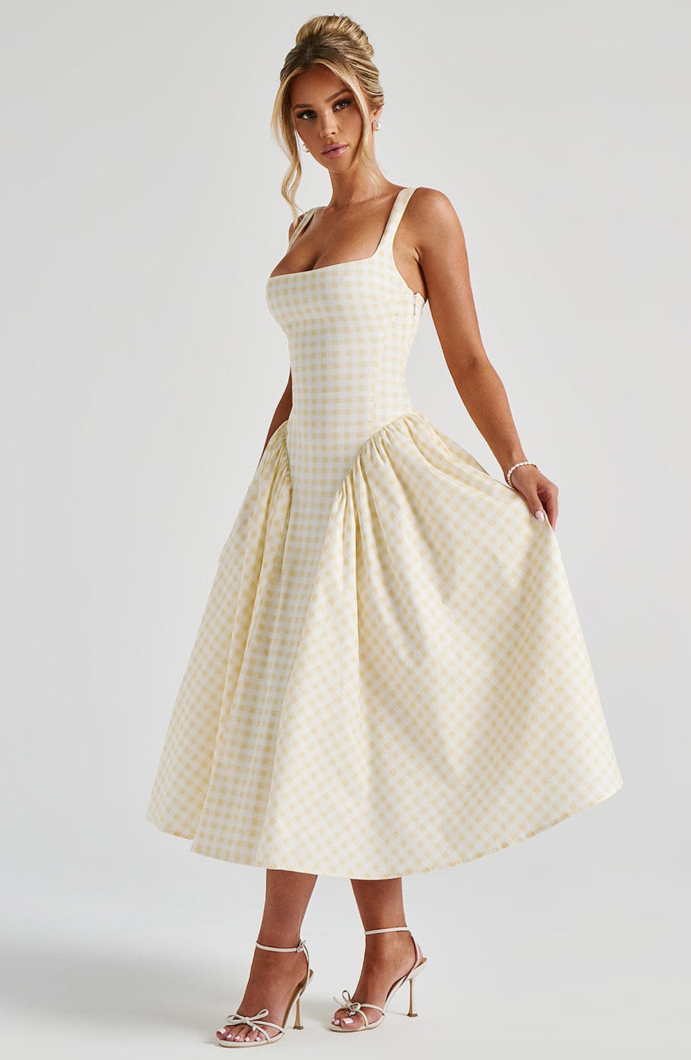 SHERRIE LEMON GINGHAM MIDI DRESS FOR WEDDING GUEST