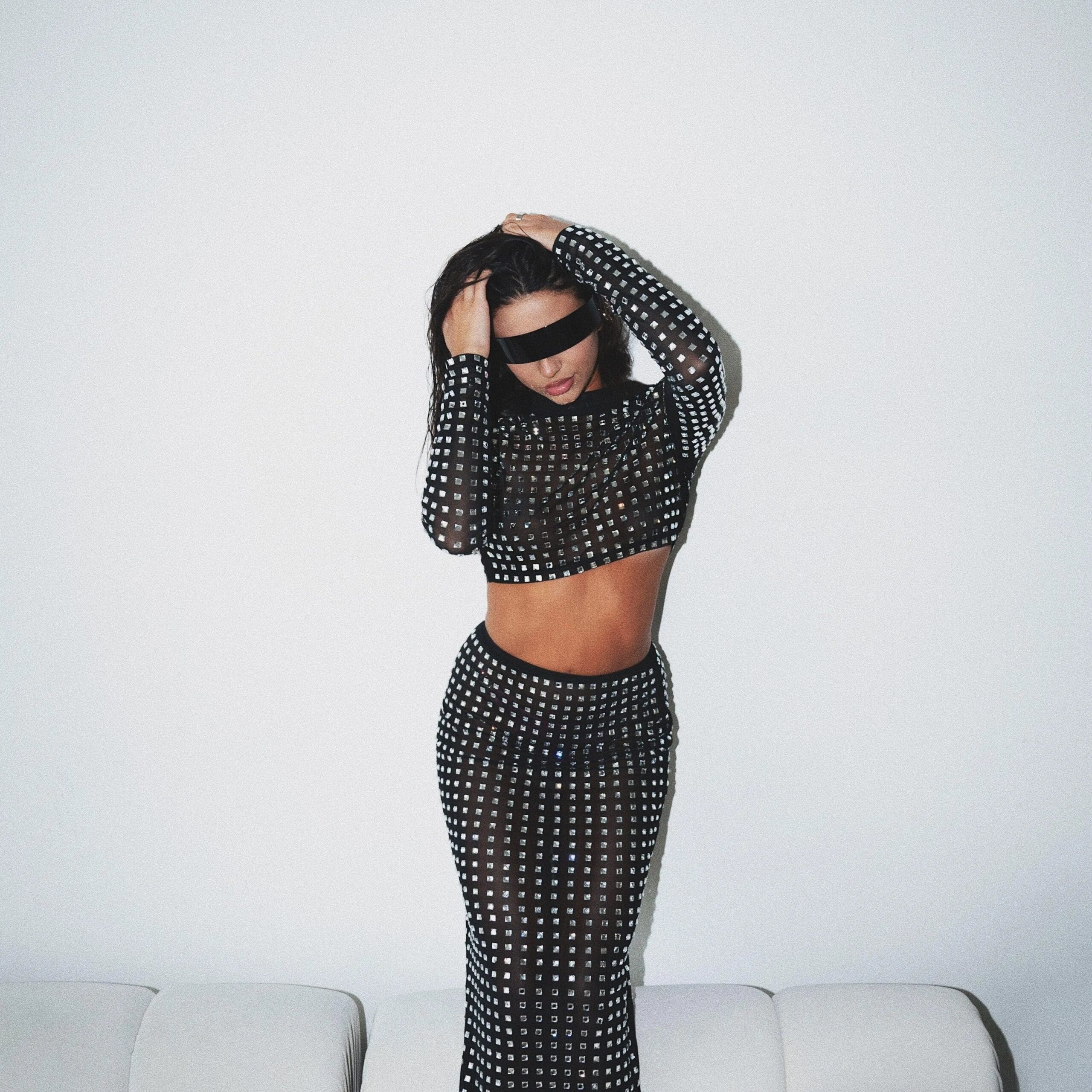 METALLIC SEQUIN MESH TOP BLACK PARTY NIGHT