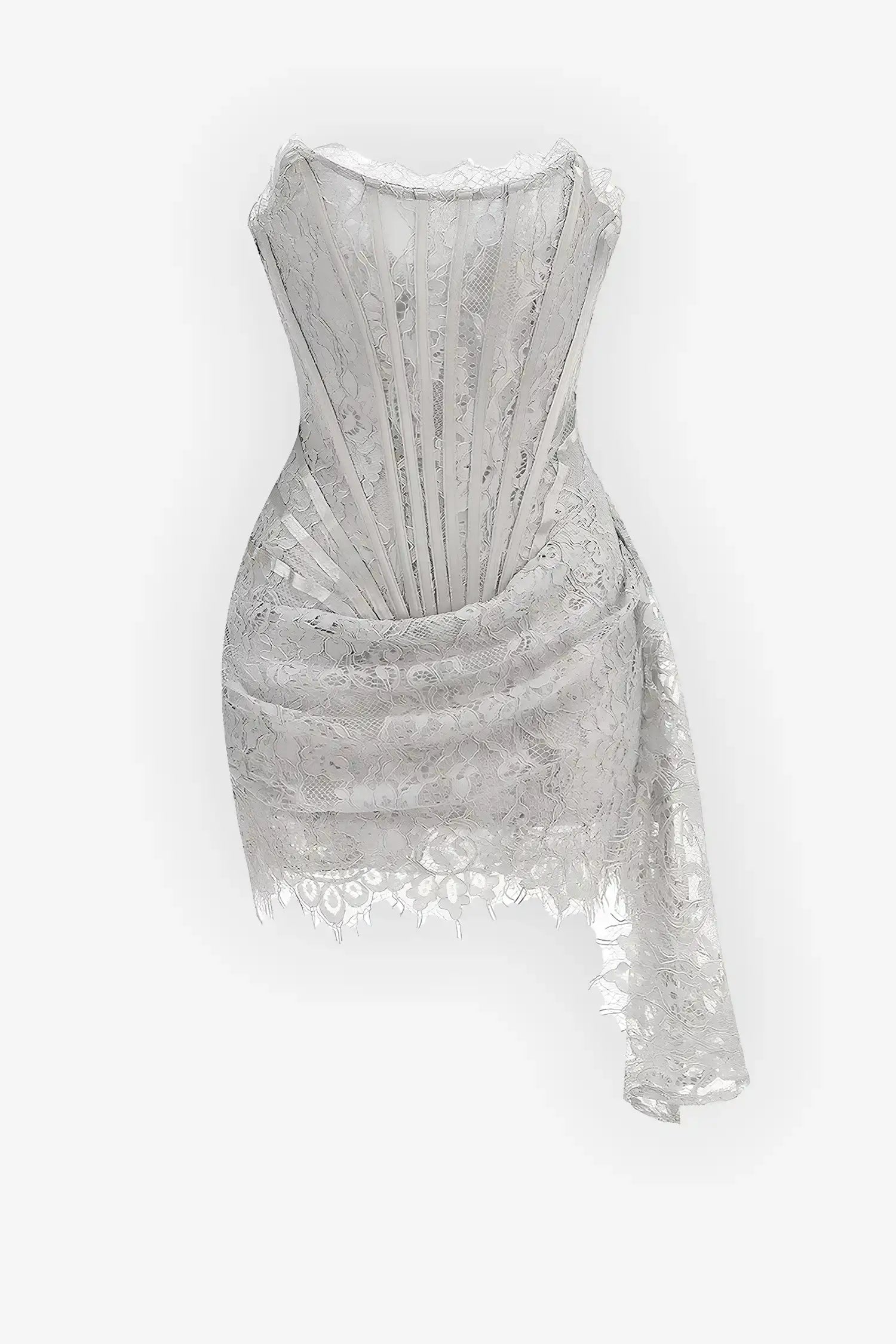 silver-strapless-lace-corset-mini-dress-113 SILVER STRAPLESS LACE CORSET MINI PARTY DRESS