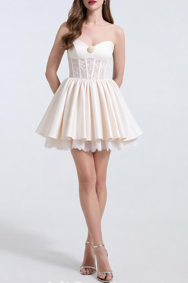 HELEN WHITE LACE SATIN STRAPLESS MINI DRESS