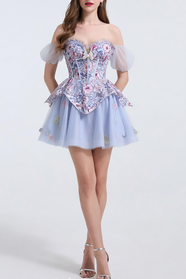 KELLY FLORAL EMBROIDERED TULLE PUFFY MINI DRESS