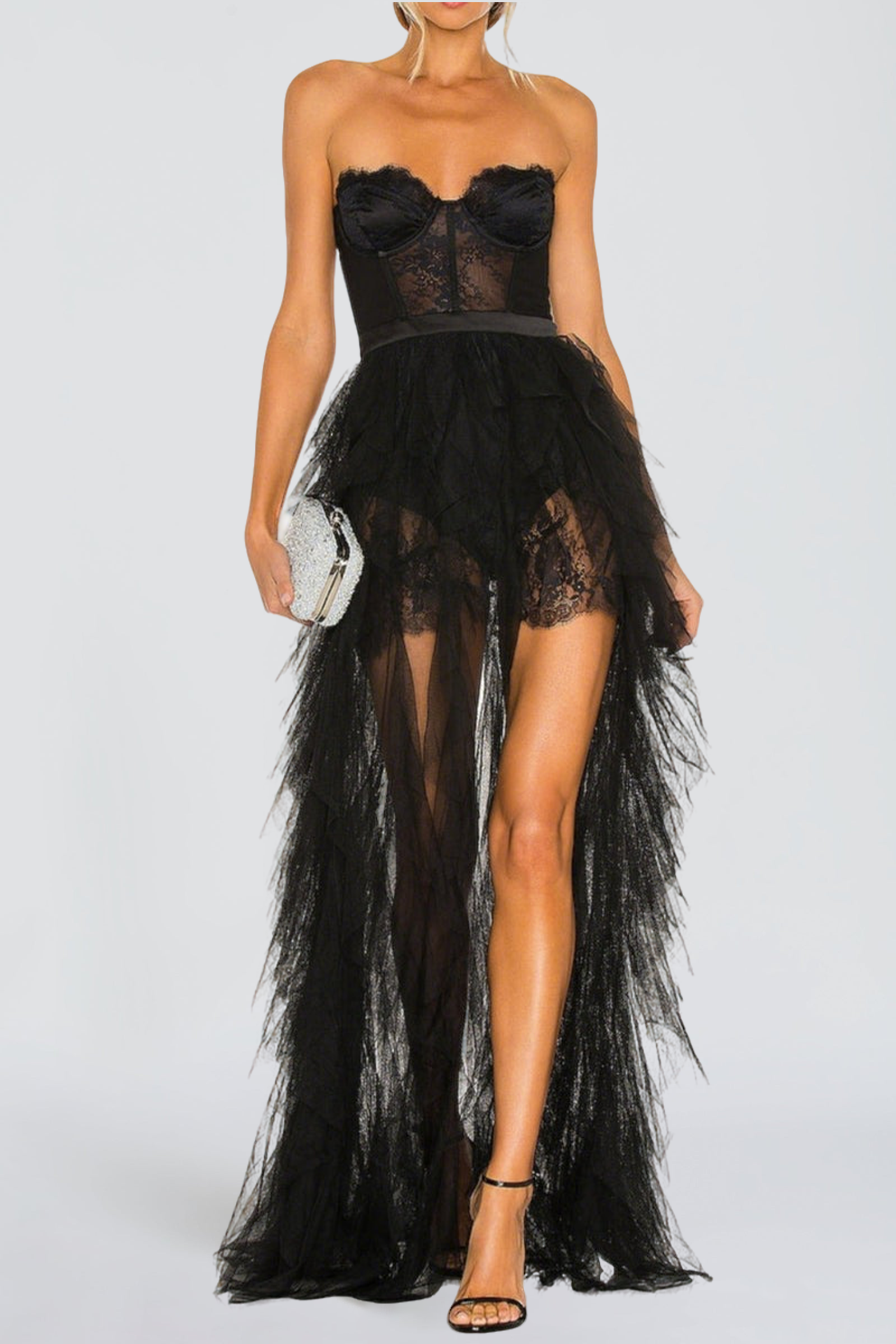 single_d0445686-9439-4692-bf12-67b0fe3423f4 BLACK STRAPLESS LACE MESH MAXI DRESS