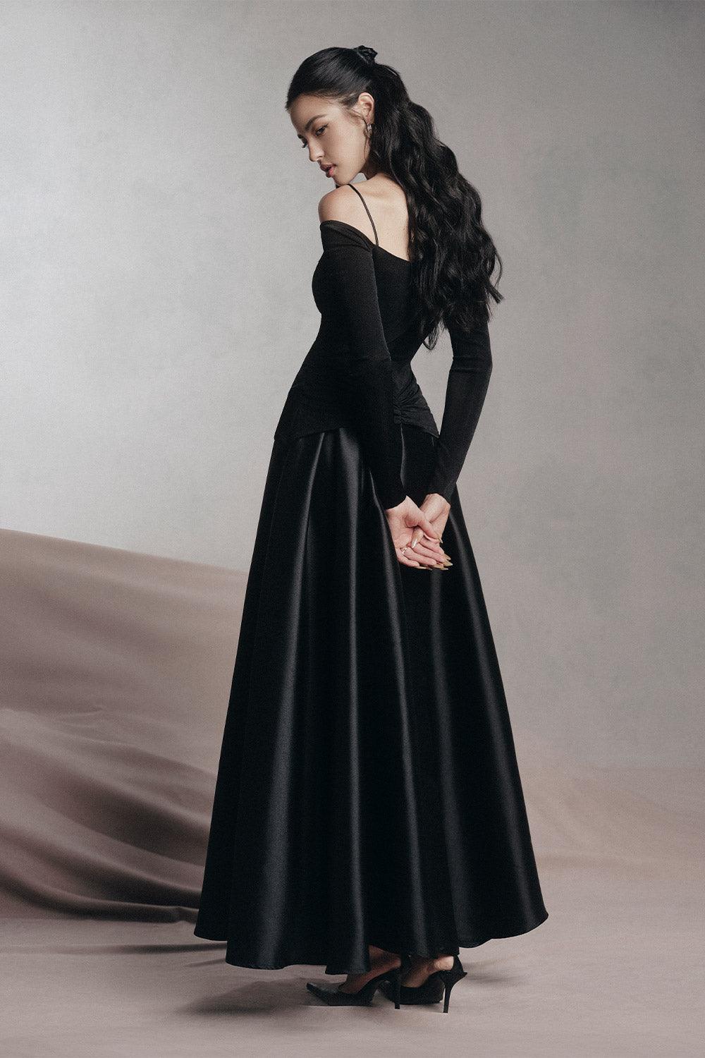 BLACK A-LINE COLD SHOULDER SPANDEX MAXI DRESS