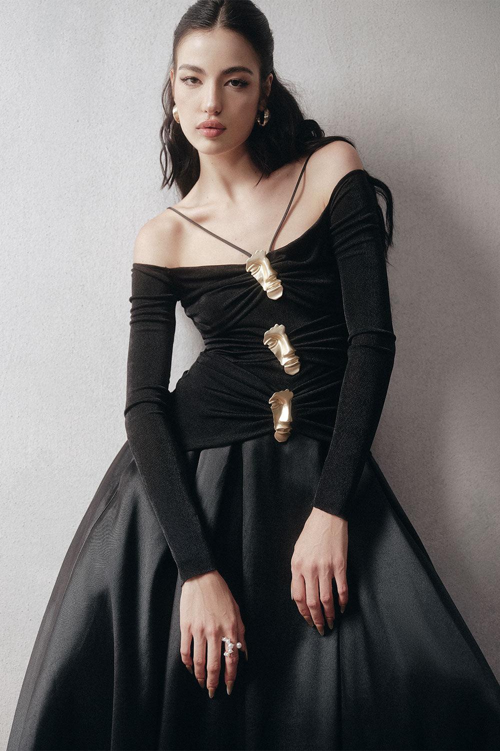 BLACK A-LINE COLD SHOULDER SPANDEX MAXI DRESS
